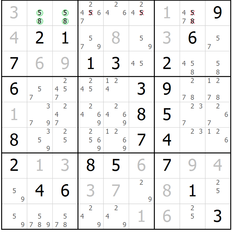 Position des candidats pour la solution de la Gr 59 page 62 du magazine de sudoku Virtuose n° 117