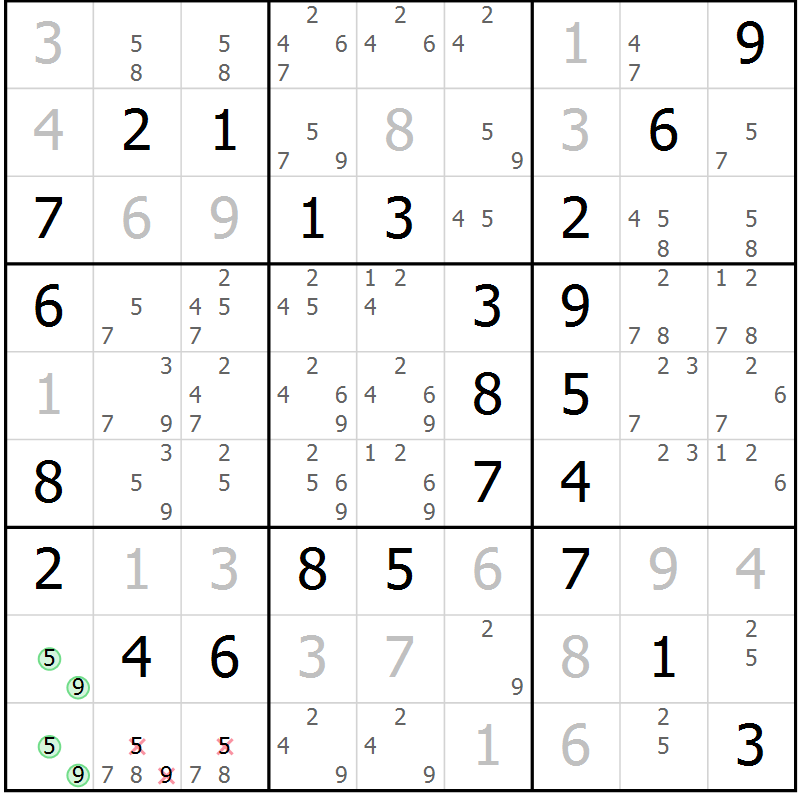 Position des candidats pour la solution de la Gr 59 page 62 du magazine de sudoku Virtuose n° 117