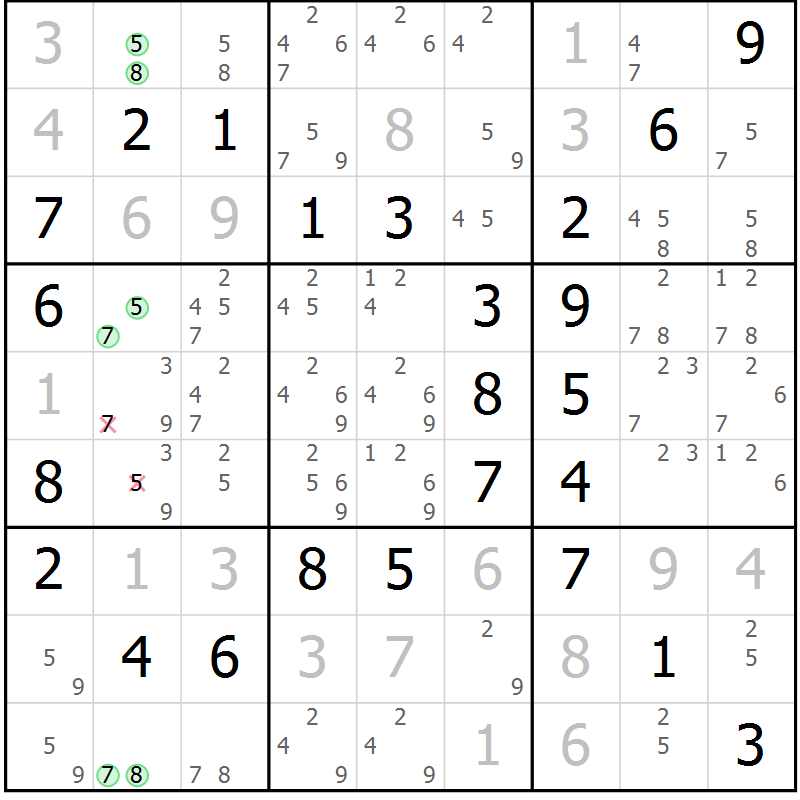 Position des candidats pour la solution de la Gr 59 page 62 du magazine de sudoku Virtuose n° 117