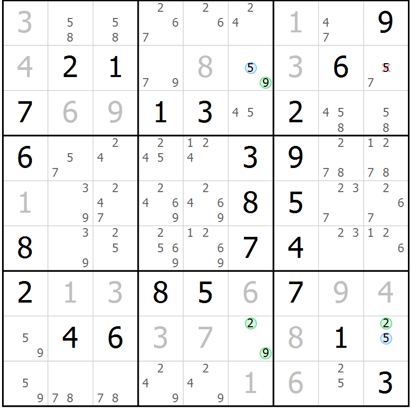 Position des candidats pour la solution de la Gr 59 page 62 du magazine de sudoku Virtuose n° 117