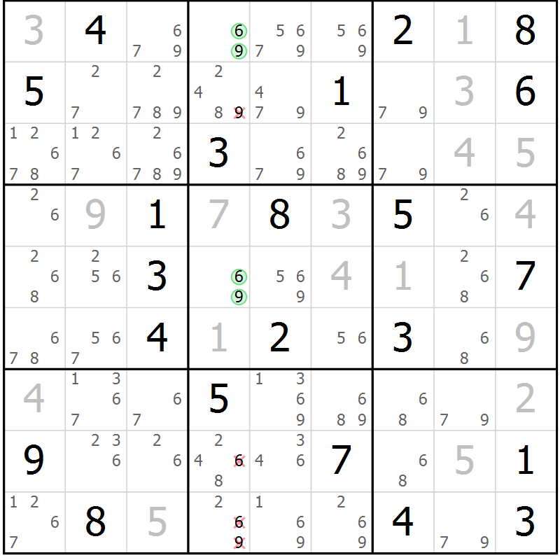 Position des candidats pour la solution de la Gr 6 page 9 du magazine de sudoku Virtuose n° 117