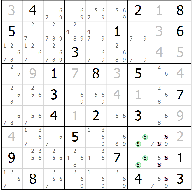 Position des candidats pour la solution de la Gr 6 page 9 du magazine de sudoku Virtuose n° 117