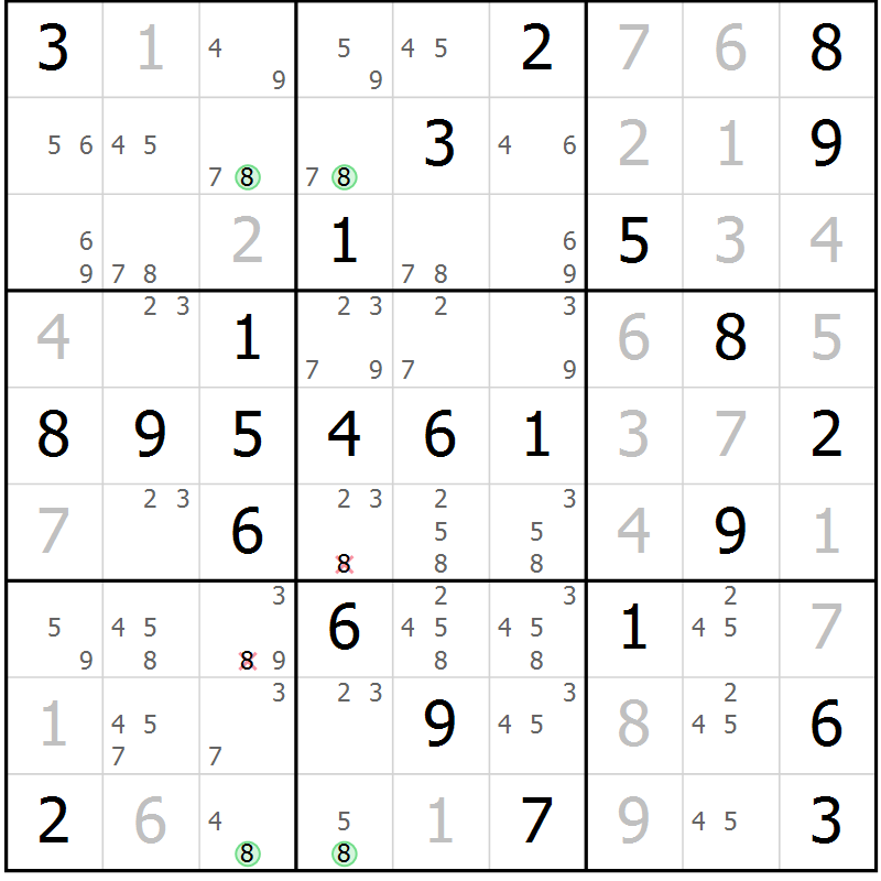 Position des candidats pour la solution de la Gr 61 page 64 du magazine de sudoku Virtuose n° 117