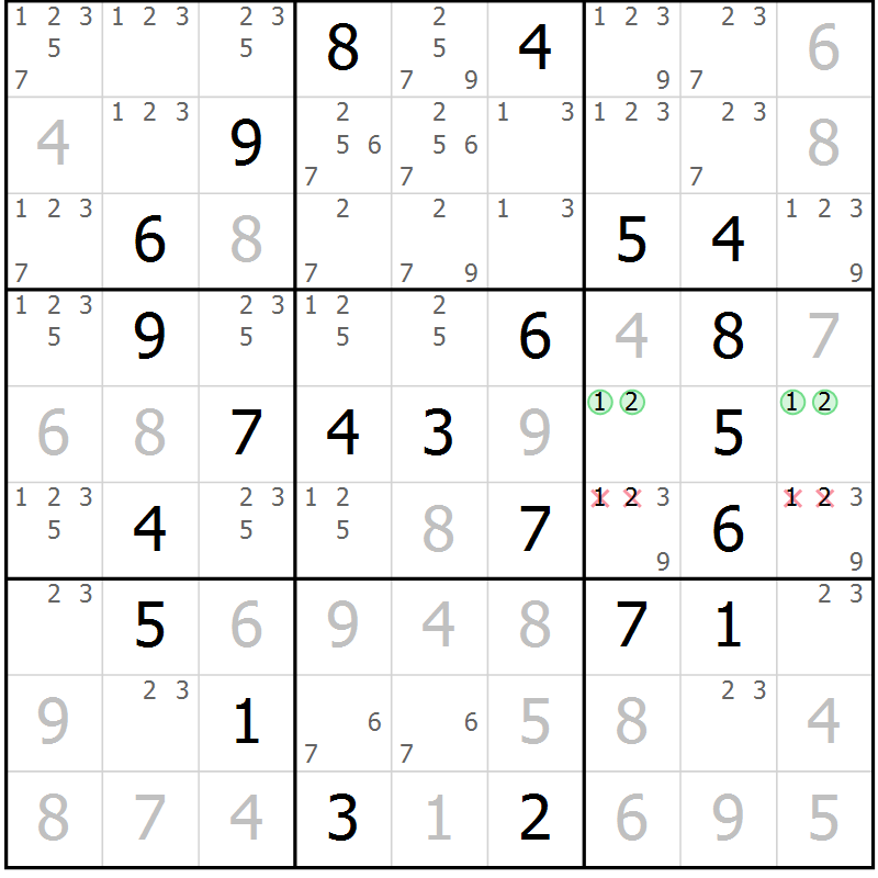 Position des candidats pour la solution de la Gr 62 page 65 du magazine de sudoku Virtuose n° 117