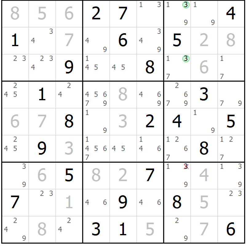 Position des candidats pour la solution de la Gr 65 page 68 du magazine de sudoku Virtuose n° 117