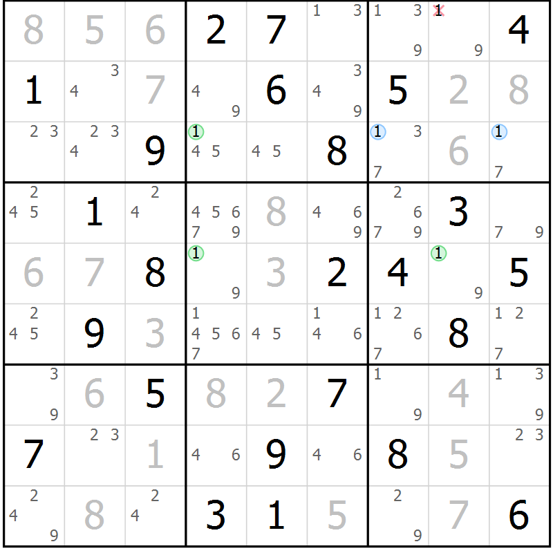 Position des candidats pour la solution de la Gr 65 page 68 du magazine de sudoku Virtuose n° 117