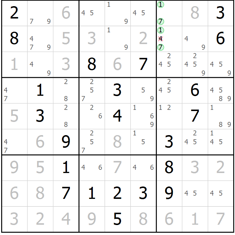 Position des candidats pour la solution de la Gr 7 page 10 du magazine de sudoku Virtuose n° 117