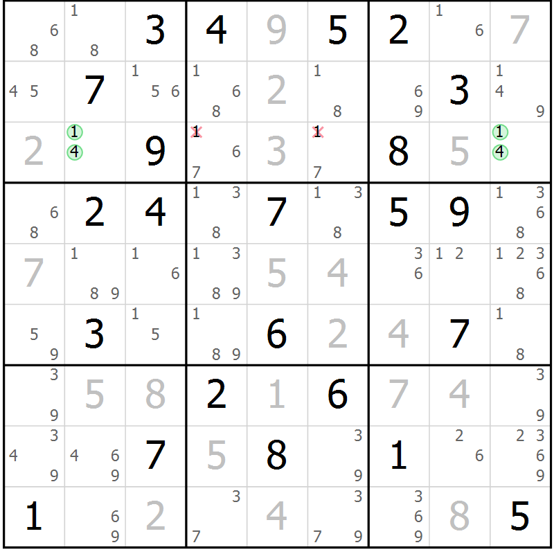 Position des candidats pour la solution de la Gr 70 page 73 du magazine de sudoku Virtuose n° 117