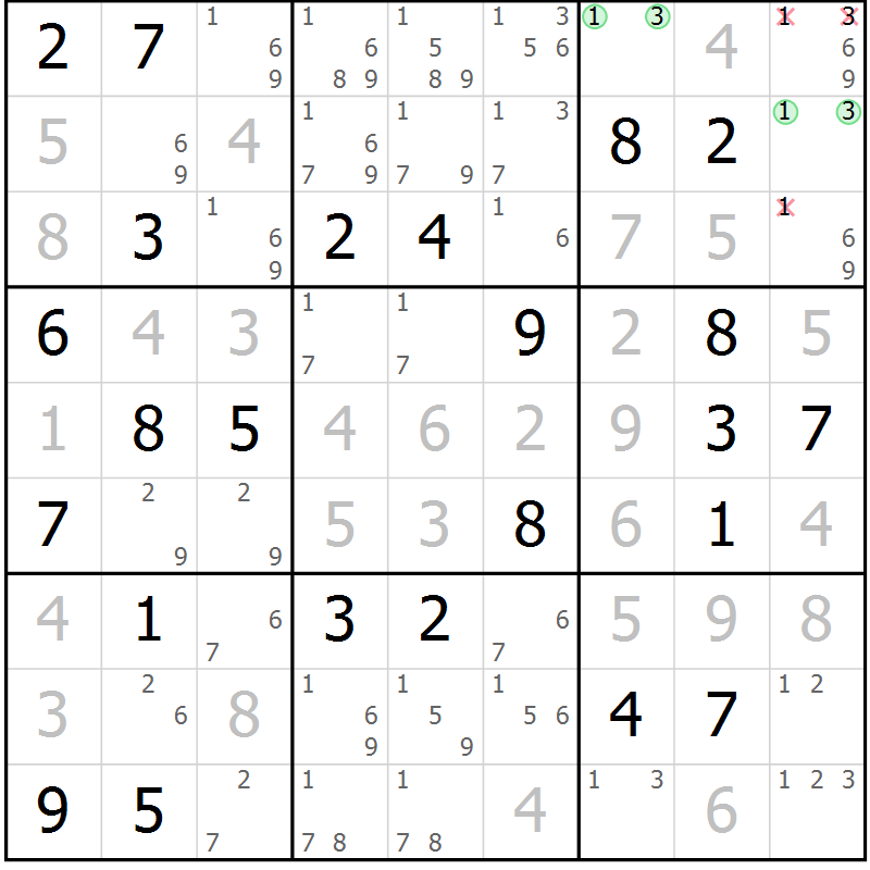 Position des candidats pour la solution de la Gr 72 page 75 du magazine de sudoku Virtuose n° 117