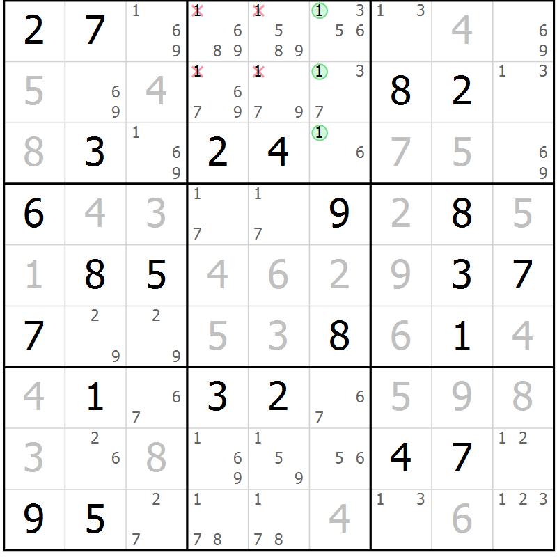 Position des candidats pour la solution de la Gr 72 page 75 du magazine de sudoku Virtuose n° 117