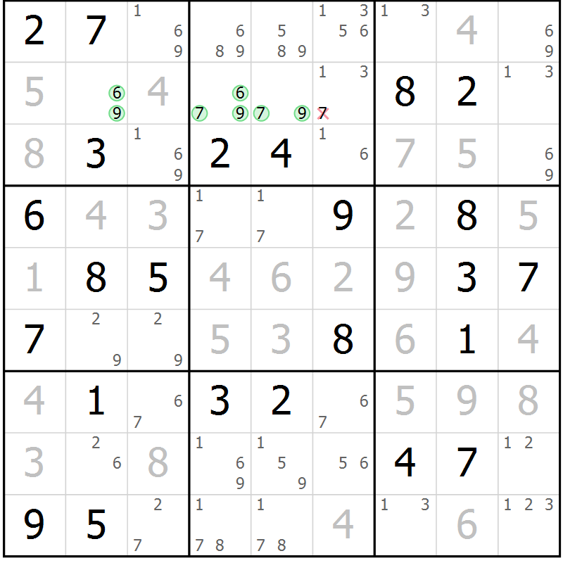 Position des candidats pour la solution de la Gr 72 page 75 du magazine de sudoku Virtuose n° 117