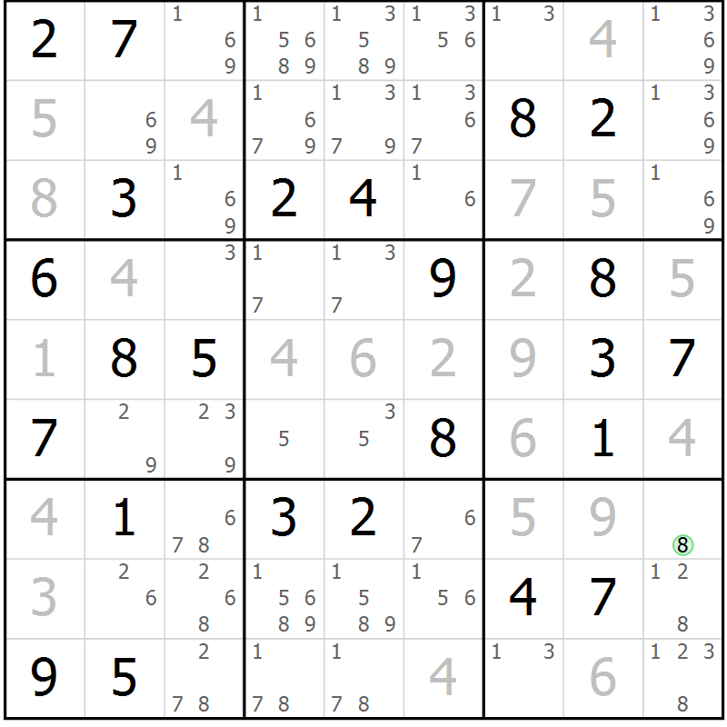Position des candidats pour la solution de la Gr 72 page 75 du magazine de sudoku Virtuose n° 117
