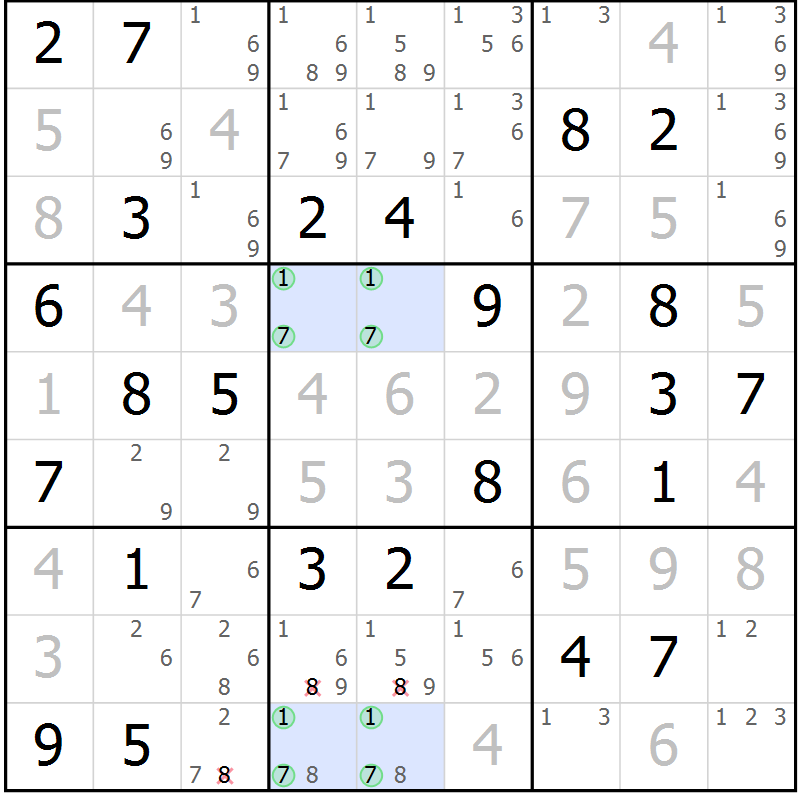 Position des candidats pour la solution de la Gr 72 page 75 du magazine de sudoku Virtuose n° 117