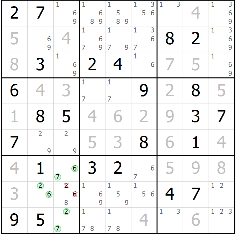 Position des candidats pour la solution de la Gr 72 page 75 du magazine de sudoku Virtuose n° 117
