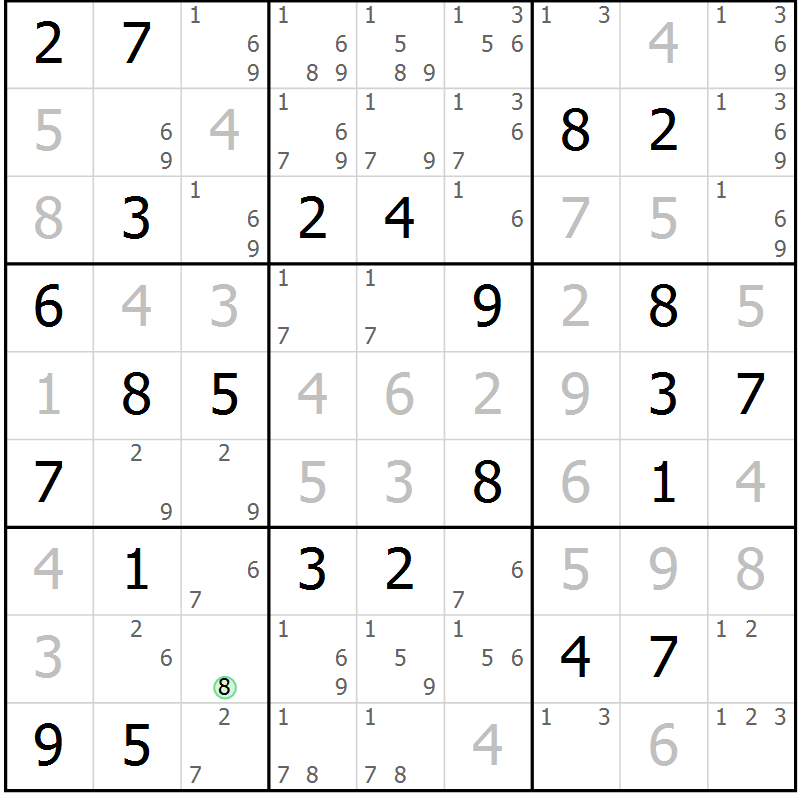 Position des candidats pour la solution de la Gr 72 page 75 du magazine de sudoku Virtuose n° 117