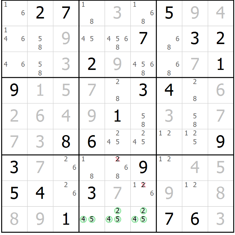 Position des candidats pour la solution de la Gr 74 page 77 du magazine de sudoku Virtuose n° 117
