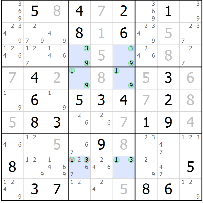 Position des candidats pour la solution de la Gr 75 page 78 du magazine de sudoku Virtuose n° 117