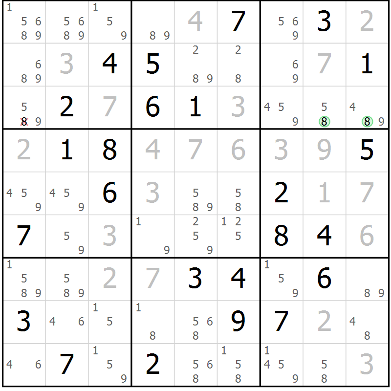 Position des candidats pour la solution de la Gr 77 page 80 du magazine de sudoku Virtuose n° 117