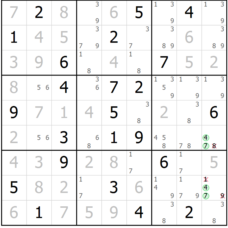 Position des candidats pour la solution de la Gr 78 page 81 du magazine de sudoku Virtuose n° 117