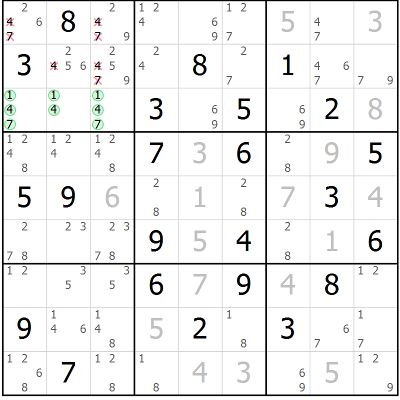 Position des candidats pour la solution de la Gr 79 page 82 du magazine de sudoku Virtuose n° 117