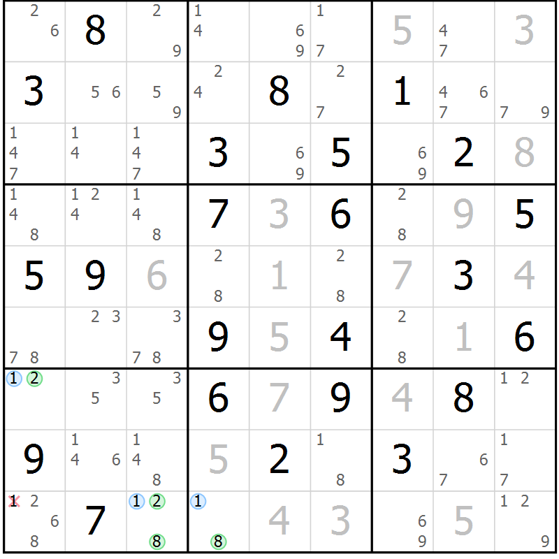 Position des candidats pour la solution de la Gr 79 page 82 du magazine de sudoku Virtuose n° 117