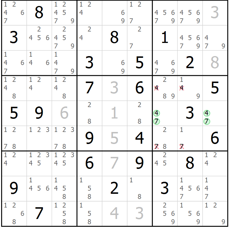Position des candidats pour la solution de la Gr 79 page 82 du magazine de sudoku Virtuose n° 117