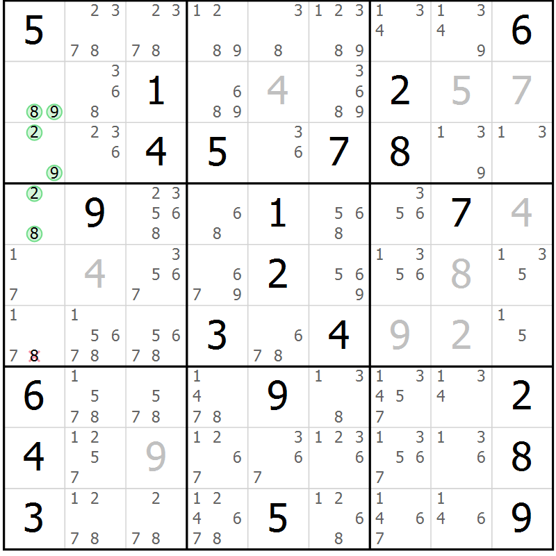 Position des candidats pour la solution de la Gr 8 page 11 du magazine de sudoku Virtuose n° 117