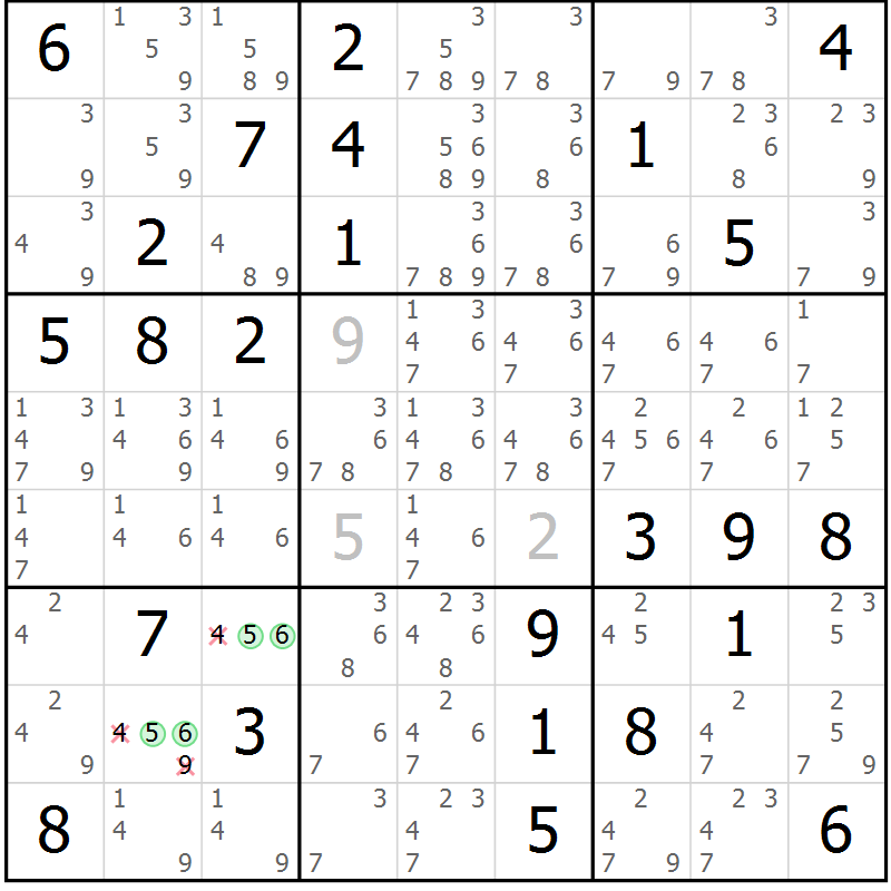 Position des candidats pour la solution de la Gr 81 page 84 du magazine de sudoku Virtuose n° 117