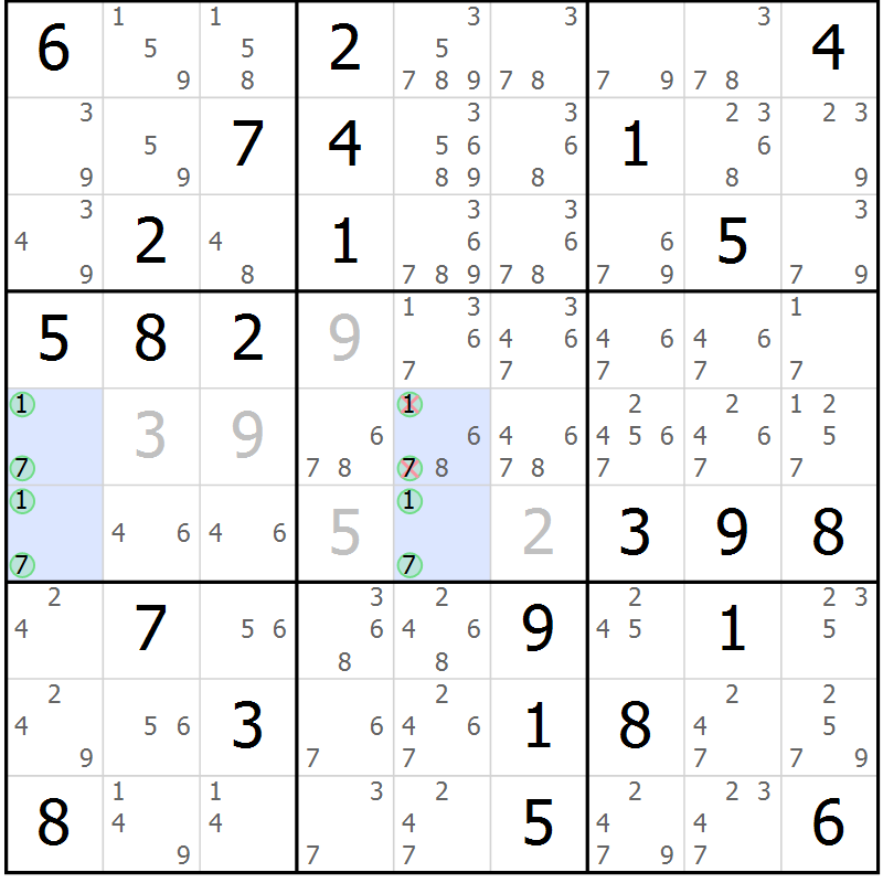 Position des candidats pour la solution de la Gr 81 page 84 du magazine de sudoku Virtuose n° 117