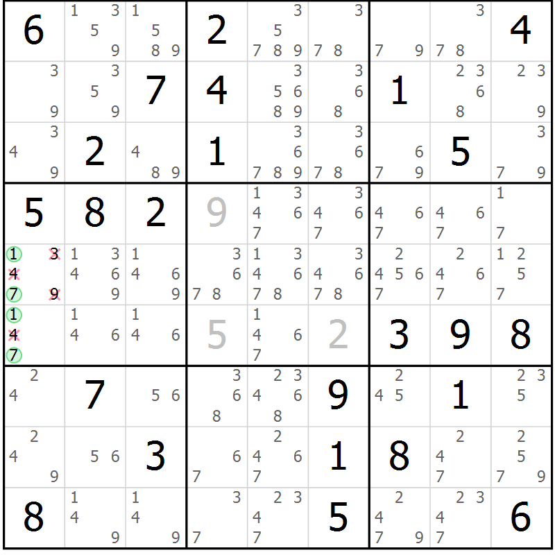 Position des candidats pour la solution de la Gr 81 page 84 du magazine de sudoku Virtuose n° 117