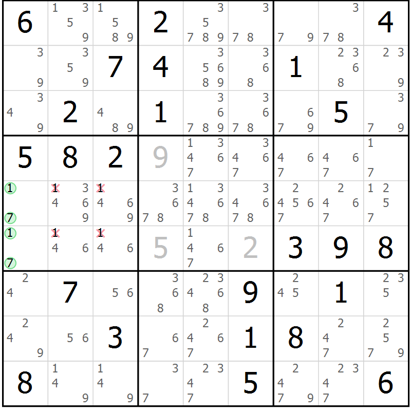 Position des candidats pour la solution de la Gr 81 page 84 du magazine de sudoku Virtuose n° 117