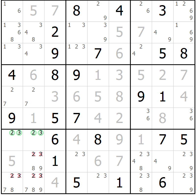 Position des candidats pour la solution de la Gr 82 page 85 du magazine de sudoku Virtuose n° 117