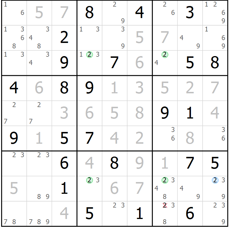 Position des candidats pour la solution de la Gr 82 page 85 du magazine de sudoku Virtuose n° 117