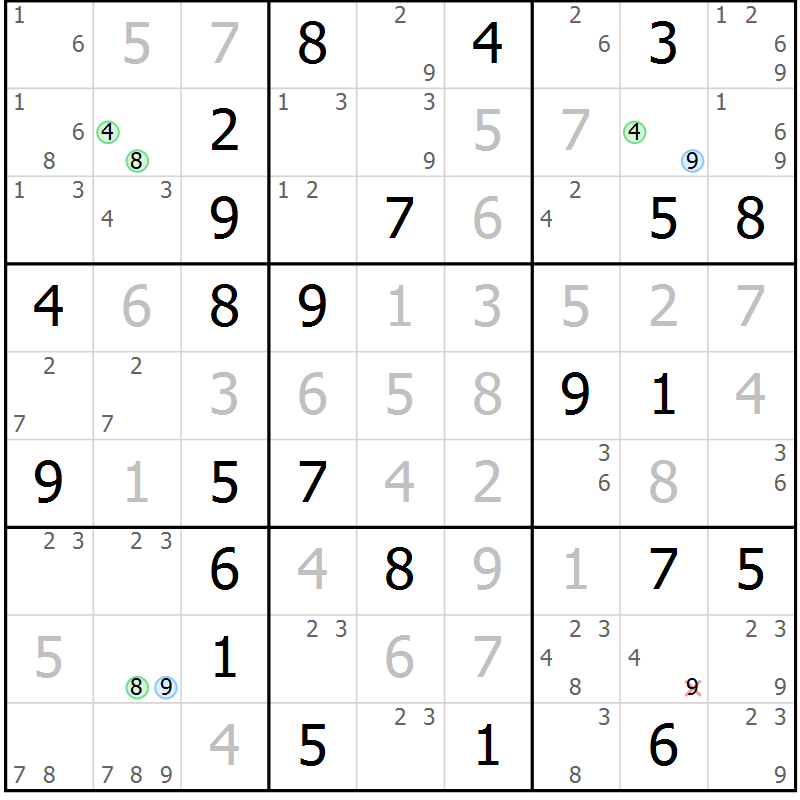 Position des candidats pour la solution de la Gr 82 page 85 du magazine de sudoku Virtuose n° 117