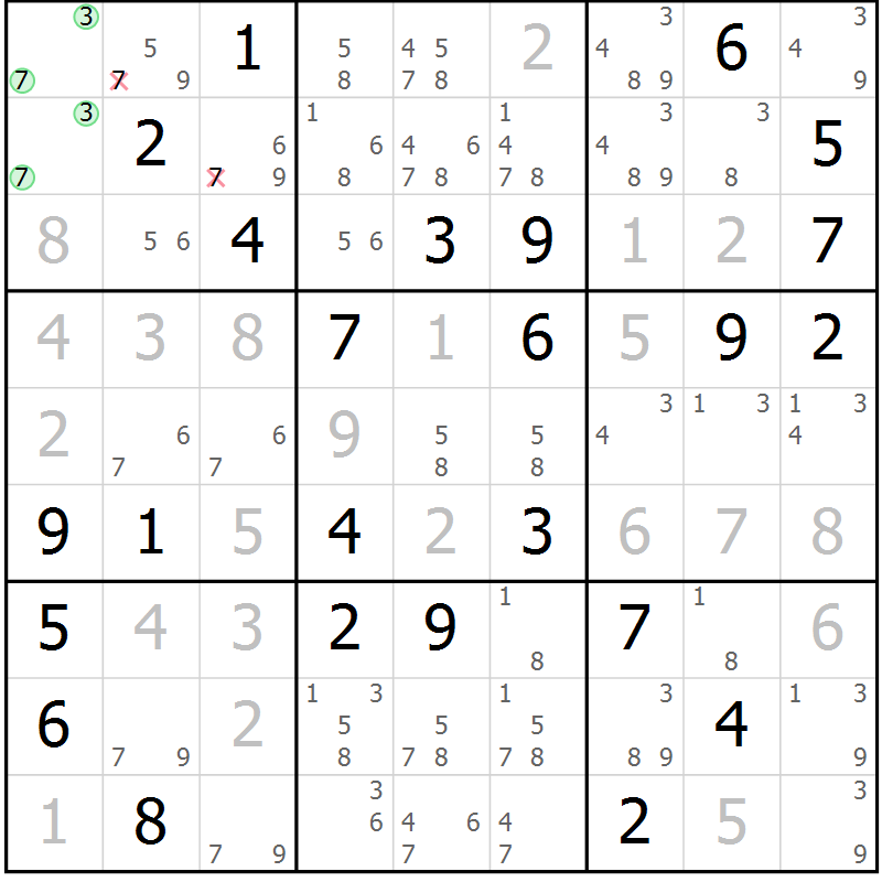 Position des candidats pour la solution de la Gr 84 page 87 du magazine de sudoku Virtuose n° 117