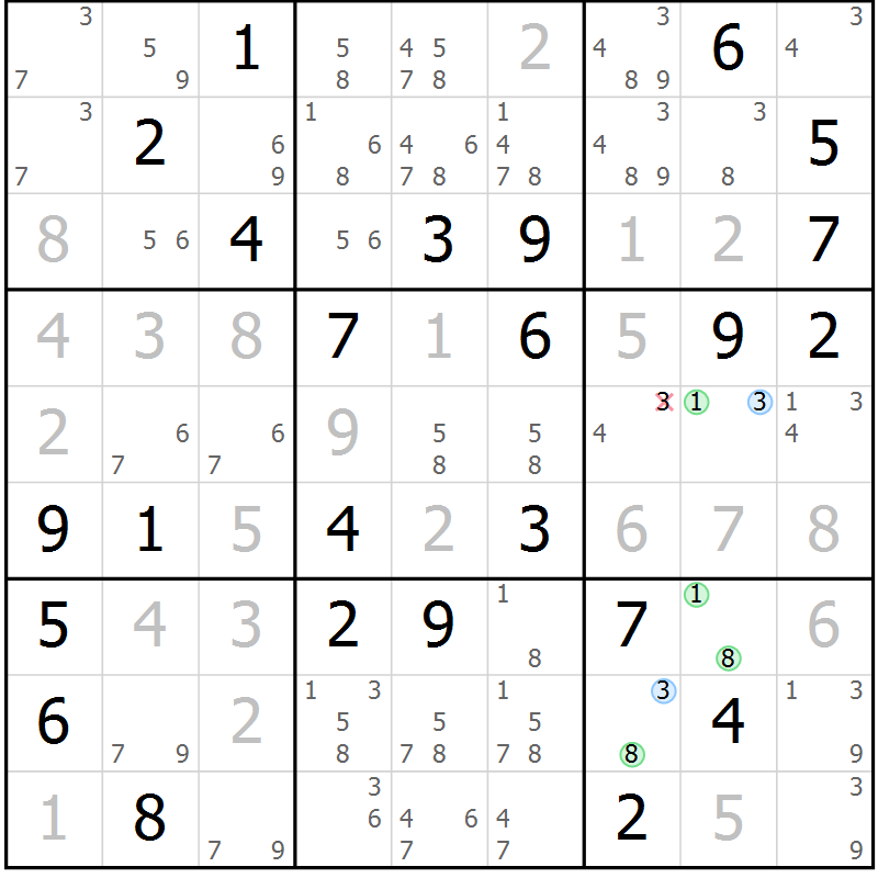 Position des candidats pour la solution de la Gr 84 page 87 du magazine de sudoku Virtuose n° 117