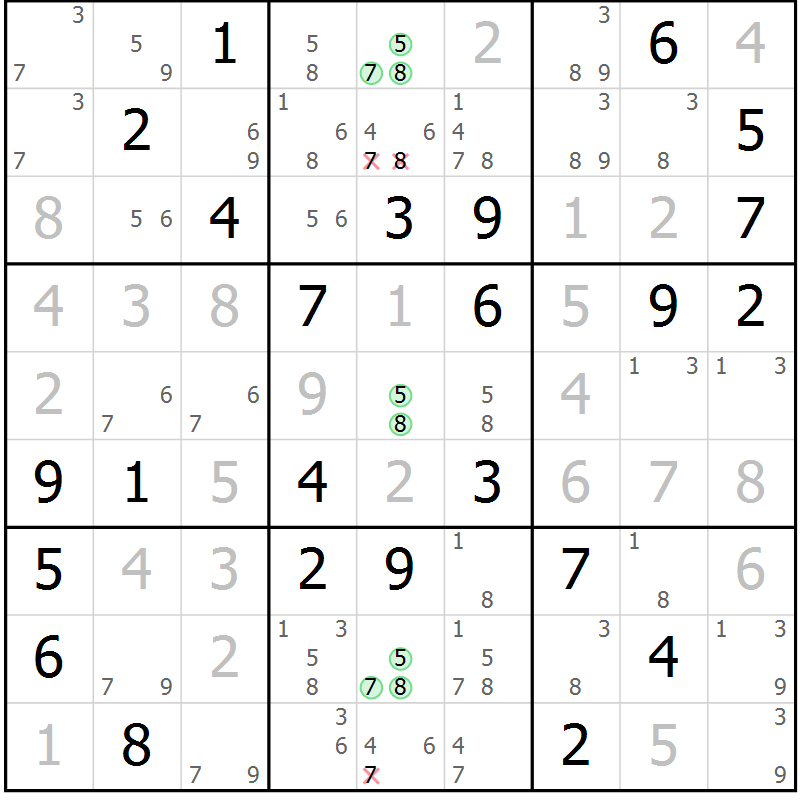 Position des candidats pour la solution de la Gr 84 page 87 du magazine de sudoku Virtuose n° 117