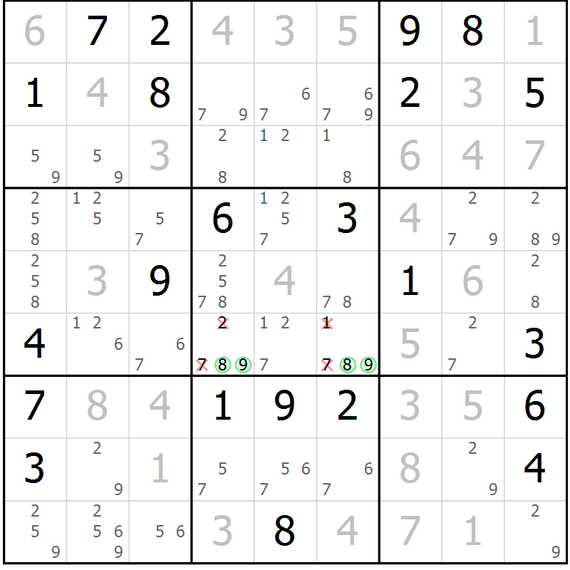 Position des candidats pour la solution de la Gr 9 page 12 du magazine de sudoku Virtuose n° 117