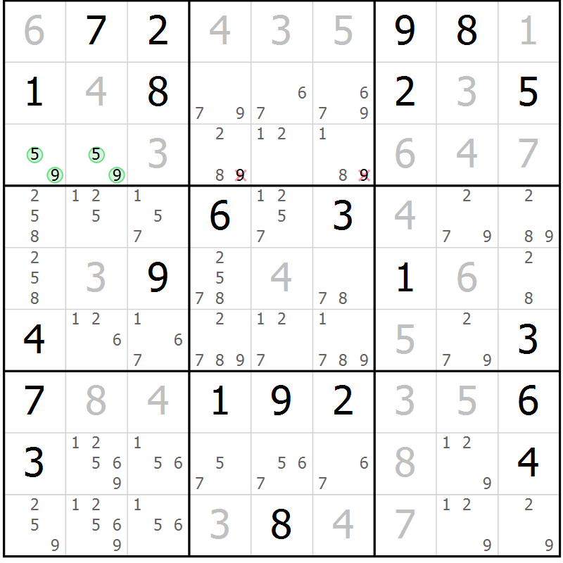 Position des candidats pour la solution de la Gr 9 page 12 du magazine de sudoku Virtuose n° 117