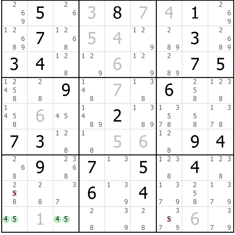Position des candidats pour la solution de la Gr 1 page 4 du magazine de sudoku Virtuose n° 118