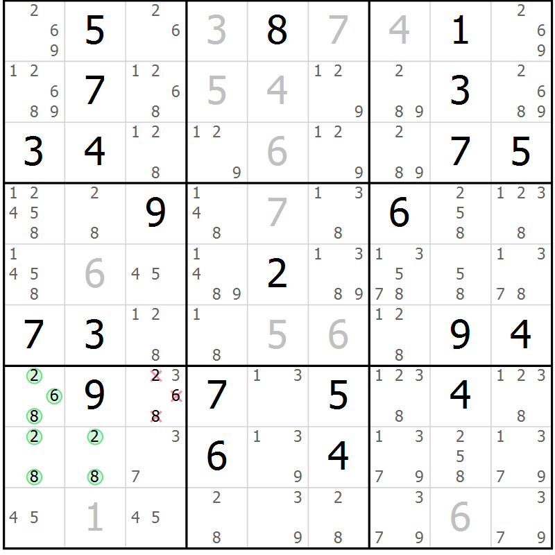 Position des candidats pour la solution de la Gr 1 page 4 du magazine de sudoku Virtuose n° 118