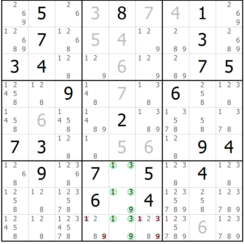 Position des candidats pour la solution de la Gr 1 page 4 du magazine de sudoku Virtuose n° 118