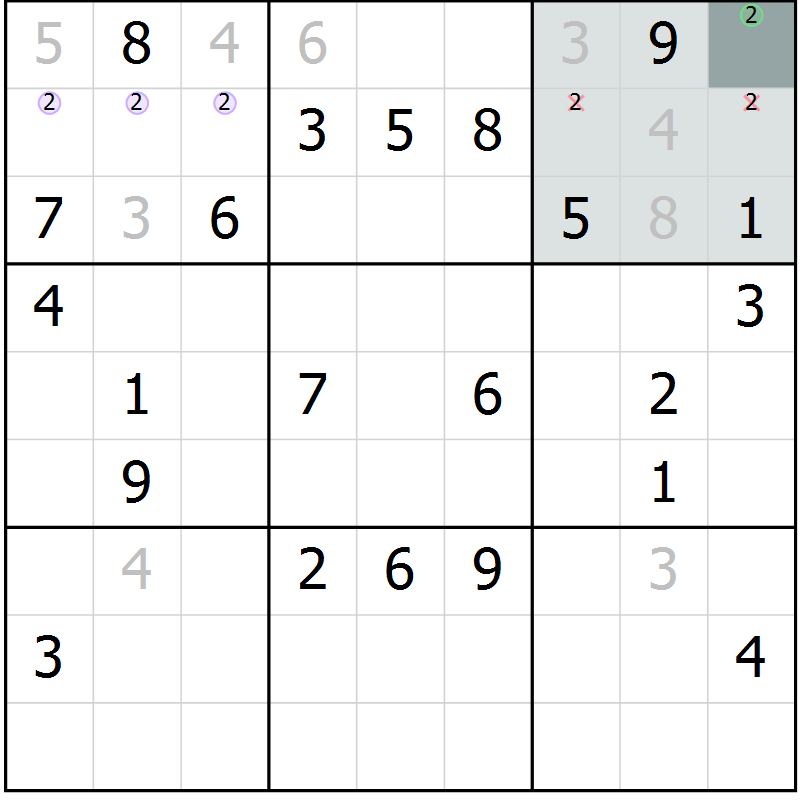 Position des candidats pour la solution de la Gr 10 page 13 du magazine de sudoku Virtuose n° 118