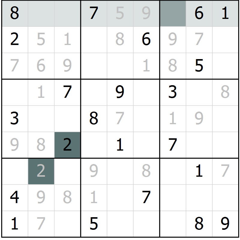Position des candidats pour la solution de la Gr 11 page 14 du magazine de sudoku Virtuose n° 118