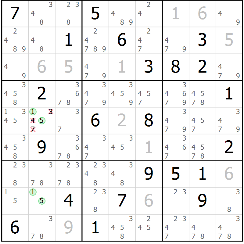 Position des candidats pour la solution de la Gr 13 page 16 du magazine de sudoku Virtuose n° 118
