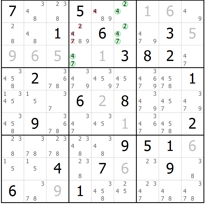 Position des candidats pour la solution de la Gr 13 page 16 du magazine de sudoku Virtuose n° 118