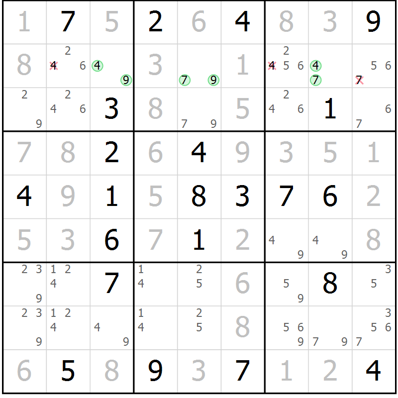 Position des candidats pour la solution de la Gr 14 page 17 du magazine de sudoku Virtuose n° 118