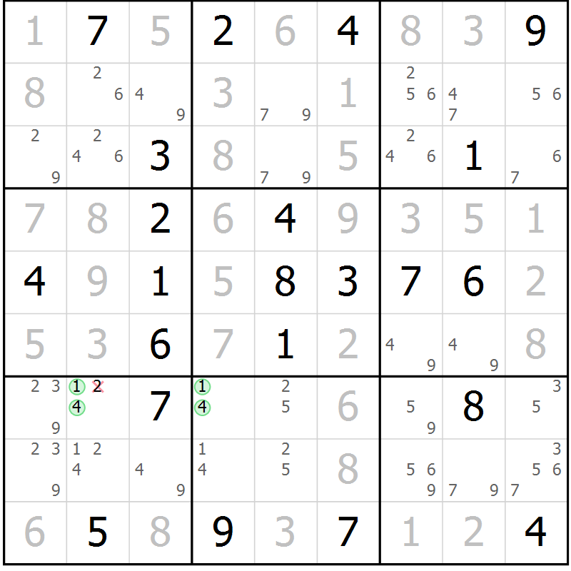 Position des candidats pour la solution de la Gr 14 page 17 du magazine de sudoku Virtuose n° 118