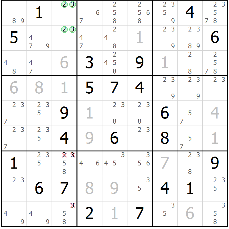 Position des candidats pour la solution de la Gr 15 page 18 du magazine de sudoku Virtuose n° 118