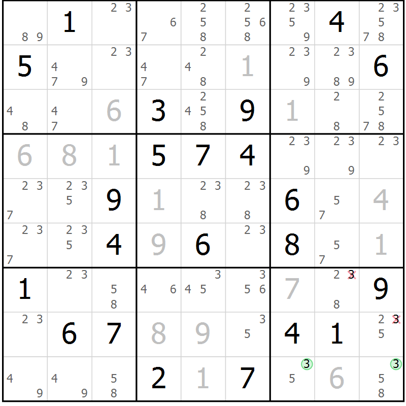 Position des candidats pour la solution de la Gr 15 page 18 du magazine de sudoku Virtuose n° 118